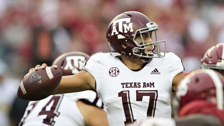 TUSCALOOSA, AL – SEPTEMBER 22: Nick Starkel #17 of the Texas A&M Aggies throws a pass in the fourth quarter during a game against the Alabama Crimson Tide at Bryant-Denny Stadium on September 22, 2018 in Tuscaloosa, Alabama. The Crimson Tide defeated the Aggies 45-23. (Photo by Wesley Hitt/Getty Images)