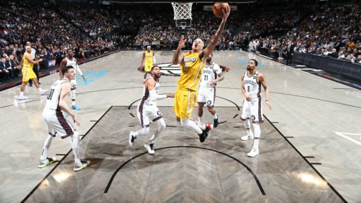 BROOKLYN, NY - JANUARY 23: LeBron James #23 of the Los Angeles Lakers shoots the ball against the Brooklyn Nets on January 23, 2020 at Barclays Center in Brooklyn, New York. NOTE TO USER: User expressly acknowledges and agrees that, by downloading and or using this Photograph, user is consenting to the terms and conditions of the Getty Images License Agreement. Mandatory Copyright Notice: Copyright 2020 NBAE (Photo by Nathaniel S. Butler/NBAE via Getty Images)