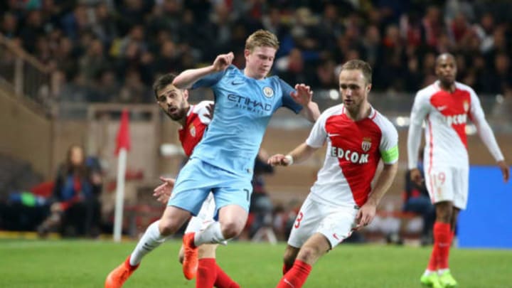 MONACO, MONACO – MARCH 15: Kevin De Bruyne of Manchester City in action with Bernardo Silva and Valere Germain of Monaco during the UEFA Champions League Round of 16 second leg match between AS Monaco (ASM) and Manchester City FC at Stade Louis II on March 15, 2017 in Monaco, Monaco. (Photo by Jean Catuffe/Getty Images)