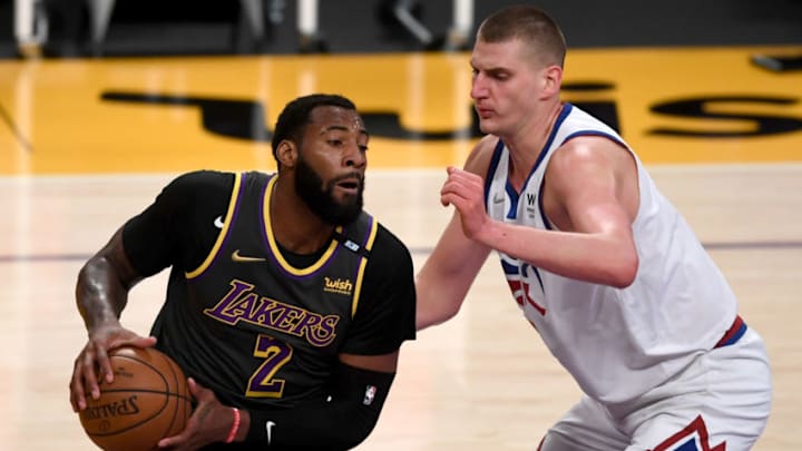 May 3, 2021; Los Angeles, California, USA; Los Angeles Lakers center Andre Drummond (2) is defended by Denver Nuggets center Nikola Jokic (15) in the first quarter of the game at Staples Center. Mandatory Credit: Jayne Kamin-Oncea-USA TODAY Sports May 3, 2021; Los Angeles, California, USA; Los Angeles Lakers center Andre Drummond (2) is defended by Denver Nuggets center Nikola Jokic (15) in the first quarter of the game at Staples Center. Mandatory Credit: Jayne Kamin-Oncea-USA TODAY Sports