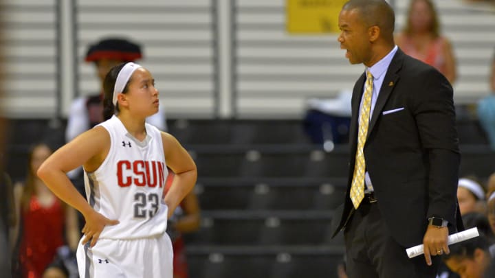 LONG BEACH, CA – MARCH 08: CSUN coach Jason Flowers has a chat with Hayley Tanabe during a break in the action in Long Beach, CA on Wednesday, March 8, 2017. CSUN vs Hawaii in the quarterfinals of the Big West Women’s Basketball Tournament at the Walter Pyramid.(Photo by Scott Varley/Digital First Media/Torrance Daily Breeze via Getty Images)