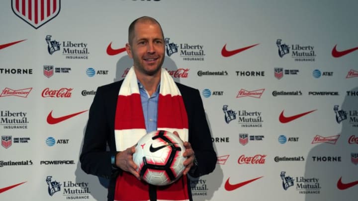 Coach Gregg Berhalter poses for photographers after he is introduced as the new US National Team head coach during a press conference December 4, 2018 at The Glasshouses in New York City. - The two-time FIFA World Cup veteran with 25 years of experience as a player and head coach for clubs in England, Germany, the Netherlands, Sweden and the United States, Berhalter becomes the first US World Cup veteran to take the reins of the US Men's National Team. (Photo by TIMOTHY A. CLARY / AFP) (Photo credit should read TIMOTHY A. CLARY/AFP/Getty Images)