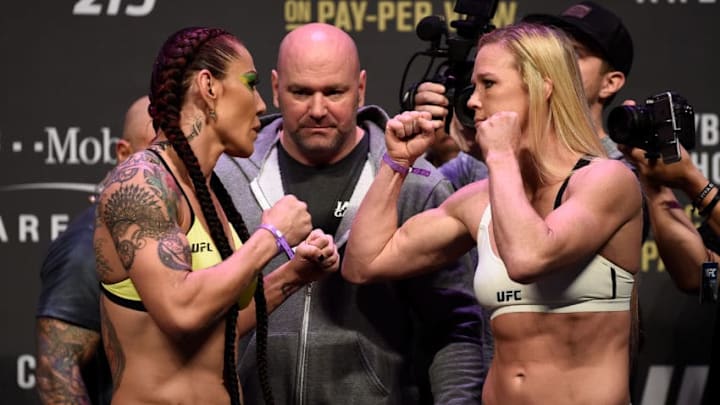LAS VEGAS, NV - DECEMBER 29: (L-R) Cris Cyborg of Brazil and Holly Holm face off during the UFC 219 weigh-in inside T-Mobile Arena on December 29, 2017 in Las Vegas, Nevada. (Photo by Jeff Bottari/Zuffa LLC/Zuffa LLC via Getty Images)