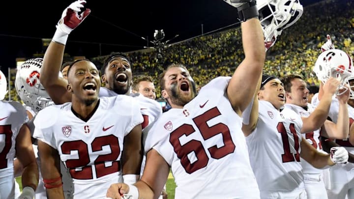 EUGENE, OR - SEPTEMBER 22: Cornerback Obi Eboh (22) and center Brian Chaffin (65) of the Stanford Cardinal celebrate after the game against the Oregon Ducks at Autzen Stadium on September 22, 2018 in Eugene, Oregon. Stanford won the game in overtime 38-31. (Photo by Steve Dykes/Getty Images)