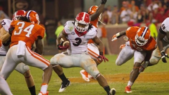 Aug 31, 2013; Clemson, SC, USA; Georgia Bulldogs running back Todd Gurley (3) carries the ball during the fourth quarter against the Clemson Tigers at Clemson Memorial Stadium. Tigers won 38-35. Mandatory Credit: Joshua S. Kelly-USA TODAY Sports