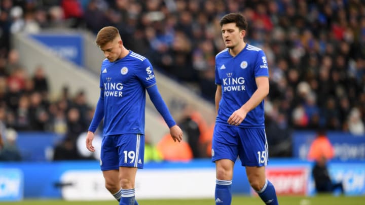 LEICESTER, ENGLAND - FEBRUARY 03: Harvey Barnes and Harry Maguire of Leicester City react during the Premier League match between Leicester City and Manchester United at The King Power Stadium on February 3, 2019 in Leicester, United Kingdom. (Photo by Michael Regan/Getty Images)