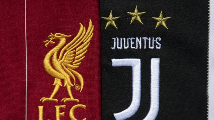 MANCHESTER, ENGLAND - MAY 06: The Liverpool and Juventus club cresst on the first team home shirts displayed on May 6, 2020 in Manchester, England (Photo by Visionhaus)