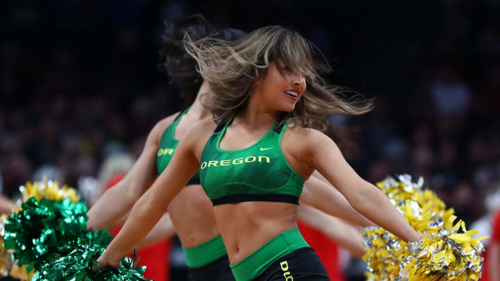 SAN JOSE, CALIFORNIA – MARCH 22: The Ducks cheerleaders perform. (Photo by Yong Teck Lim/Getty Images)