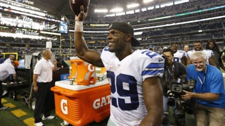 Oct 19, 2014; Arlington, TX, USA; Dallas Cowboys running back DeMarco Murray (29) after a 31-21 victory against the New York Giants at AT&T Stadium. Murray broke the NFL record with 7+ consecutive games with 100+ yards. Mandatory Credit: Matthew Emmons-USA TODAY Sports