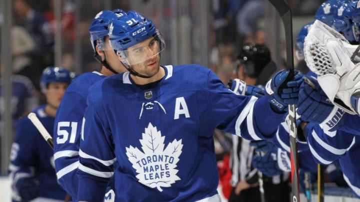 John Tavares #91 of the Toronto Maple Leafs celebrates a goal against the Detroit Red Wings during an NHL game at Scotiabank Arena. (Photo by Claus Andersen/Getty Images)