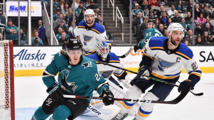 SAN JOSE, CA - MARCH 09: Marcus Sorensen #20 of the San Jose Sharks skates towards the puck against the St Louis Blues at SAP Center on March 9, 2019 in San Jose, California (Photo by Brandon Magnus/NHLI via Getty Images)