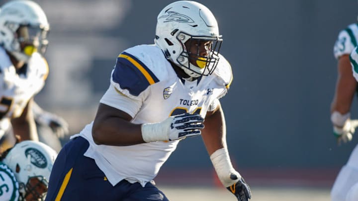 October 8, 2016: Toledo Rockets defensive tackle Treyvon Hester (91) rushes during game action between the Toledo Rockets and the Eastern Michigan Eagles played at Rynearson Stadium in Ypsilanti, Michigan.(Photo by Scott W. Grau/Icon Sportswire via Getty Images)