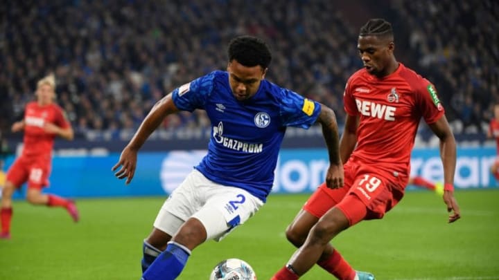 Schalke's US midfielder Weston McKennie and Cologne's Dutch defender Kingsley Ehizibue (R) vie for the ball during the German first division Bundesliga football match FC Schalke 04 vs FC Cologne in Gelsenkirchen, western Germany, on October 5, 2019. (Photo by INA FASSBENDER / AFP) / DFL REGULATIONS PROHIBIT ANY USE OF PHOTOGRAPHS AS IMAGE SEQUENCES AND/OR QUASI-VIDEO (Photo by INA FASSBENDER/AFP via Getty Images)
