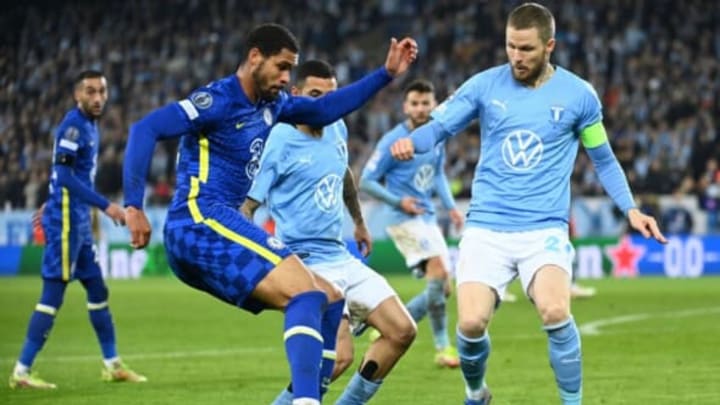 Chelsea’s English midfielder Ruben Loftus-Cheek (L) and Malmo’s Daniish defender Lasse Nielsen vie for the ball during the UEFA Champions League group H football match Malmo FF v Chelsea FC in Malmo, Sweden on November 2, 2021. (Photo by Jonathan NACKSTRAND / AFP) (Photo by JONATHAN NACKSTRAND/AFP via Getty Images)