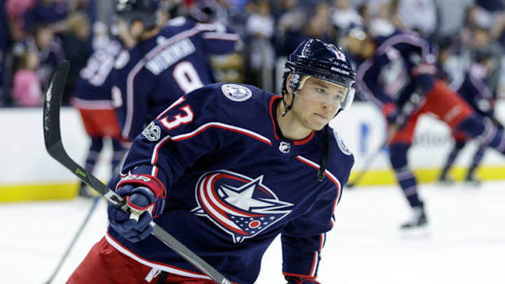 COLUMBUS, OH - SEPTEMBER 24: Columbus Blue Jackets right wing Cam Atkinson (13) looks on before a Preseason game between the Columbus Blue Jackets and the Nashville Predators on September 24, 2017, at Nationwide Arena in Columbus, OH. (Photo by Adam Lacy/Icon Sportswire via Getty Images)