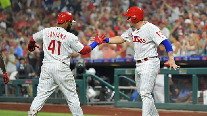 PHILADELPHIA, PA - AUGUST 29: Asdrubal Cabrera #13 of the Philadelphia Phillies congratulates teammate Carlos Santana #41 after hitting a four run home run in the fifth inning against the Washington Nationals at Citizens Bank Park on August 29, 2018 in Philadelphia, Pennsylvania. (Photo by Drew Hallowell/Getty Images)