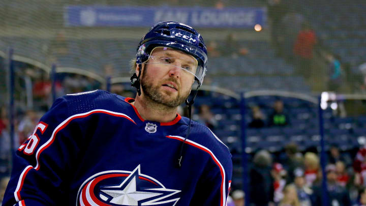 COLUMBUS, OH – MARCH 9: Thomas Vanek #26 of the Columbus Blue Jackets warms up prior to the start of the game against the Detroit Red Wings on March 9, 2018 at Nationwide Arena in Columbus, Ohio. (Photo by Kirk Irwin/Getty Images)