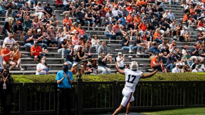 Auburn football wide receiver Elijah Canion (17) celebrates after scoring a touchdown during Auburn football A-Day spring game at Jordan-Hare Stadium in Auburn, Ala., on Saturday, April 17, 2021.