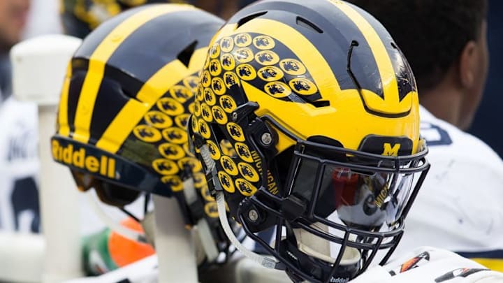 Nov 26, 2016; Columbus, OH, USA; A general view of Michigan Wolverines helmets on the sideline during the game against the Ohio State Buckeyes at Ohio Stadium. Ohio State won the game 30-27 in double overtime. Mandatory Credit: Greg Bartram-USA TODAY Sports