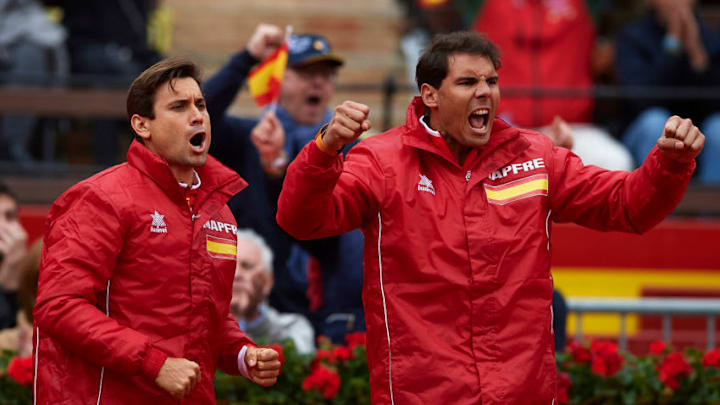 VALENCIA, SPAIN - APRIL 07: Rafael Nadal (R) and David Ferrer of Spain celebrate for Feliciano Lopez and Marc Lopez of Spain against Tim Puetz and Jan-Lennard Struff of Germany in the doubles during day two of the Davis Cup World Group Quarter Final match between Spain and Germany at Plaza de Toros de Valencia on April 7, 2018 in Valencia, Spain. (Photo by Manuel Queimadelos Alonso/Getty Images)