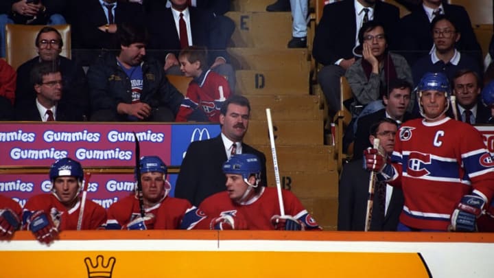 TORONTO, ON - DECEMBER 9: Head coach Pat Burns of the Montreal Canadiens watches the play develop against the Toronto Maple Leafs during NHL game action on December 9, 1991 at Maple Leaf Gardens in Toronto, Ontario, Canada. (Photo by Graig Abel/Getty Images)