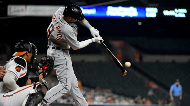BALTIMORE, MD - MAY 28: Nicholas Castellanos #9 of the Detroit Tigers grounds out to third base during the eighth inning against the Baltimore Orioles at Oriole Park at Camden Yards on May 28, 2019 in Baltimore, Maryland. (Photo by Will Newton/Getty Images)
