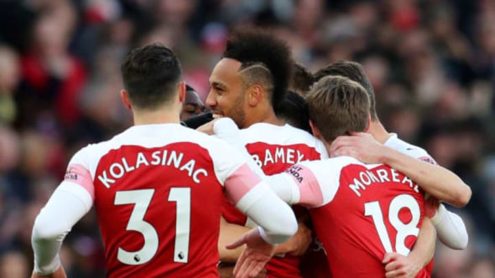 LONDON, ENGLAND – MARCH 10: Granit Xhaka of Arsenal celebrates with teammates after scoring his team’s first goal during the Premier League match between Arsenal FC and Manchester United at Emirates Stadium on March 10, 2019, in London, United Kingdom. (Photo by Catherine Ivill/Getty Images)