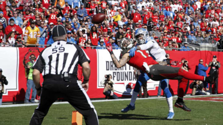 TAMPA, FL – DECEMBER 10: Teez Tabor #30 of the Detroit Lions defends a pass in the end zone against Mike Evans #13 of the Tampa Bay Buccaneers in the first quarter of a game against at Raymond James Stadium on December 10, 2017 in Tampa, Florida. (Photo by Joe Robbins/Getty Images)