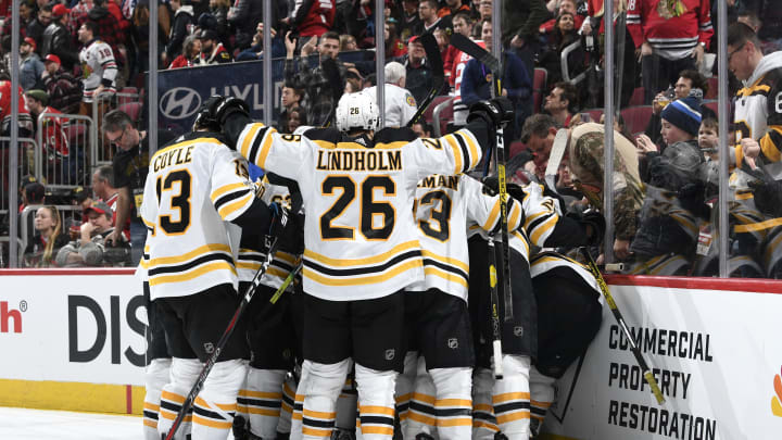 CHICAGO, IL – FEBRUARY 05: The Boston Bruins celebrate after defeating the Chicago Blackhawks 2-1 in overtime at the United Center on February 5, 2020 in Chicago, Illinois. (Photo by Bill Smith/NHLI via Getty Images)