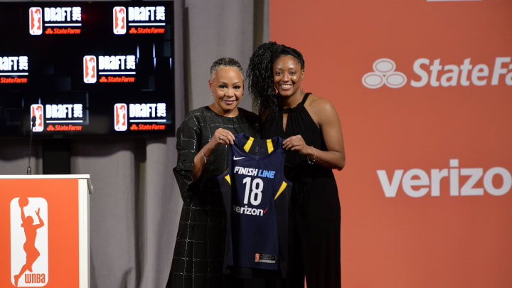 NEW YORK, NY – APRIL 12: Kelsey Mitchell stands with WNBA President Lisa Borders after being selected
