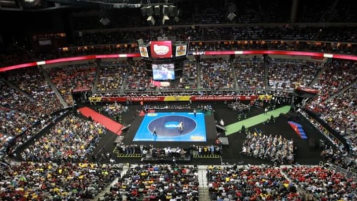 Mar 23, 2013; Des Moines, IA, USA; A general view during the NCAA wrestling Division I championship at Wells Fargo Arena. Mandatory Credit: Reese Strickland-USA TODAY Sports