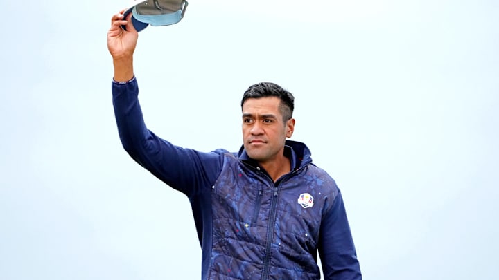 Sep 24, 2021; Haven, Wisconsin, USA; Team USA player Tony Finau waves to the gallery on the 16th hole during day one foursome matches for the 43rd Ryder Cup golf competition at Whistling Straits. Mandatory Credit: Kyle Terada-USA TODAY Sports