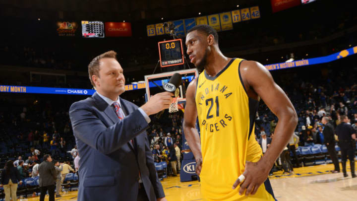 OAKLAND, CA - MARCH 27: Thaddeus Young #21 of the Indiana Pacers talks with media after the game against the Golden State Warriors on March 27, 2018 at ORACLE Arena in Oakland, California. NOTE TO USER: User expressly acknowledges and agrees that, by downloading and or using this photograph, user is consenting to the terms and conditions of Getty Images License Agreement. Mandatory Copyright Notice: Copyright 2018 NBAE (Photo by Noah Graham/NBAE via Getty Images)