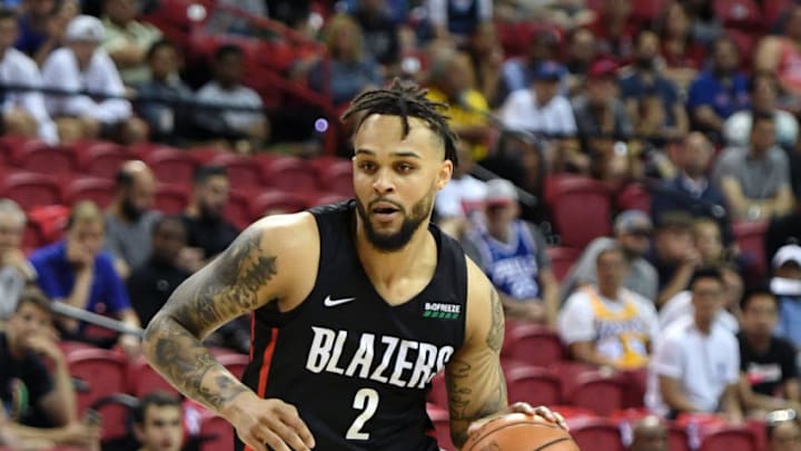 LAS VEGAS, NEVADA - JULY 06: Gary Trent Jr. #2 of the Portland Trail Blazers brings the ball up the court against the Detroit Pistons during the 2019 NBA Summer League at the Thomas & Mack Center on July 6, 2019 in Las Vegas, Nevada. The Pistons defeated the Trail Blazers 93-73. NOTE TO USER: User expressly acknowledges and agrees that, by downloading and or using this photograph, User is consenting to the terms and conditions of the Getty Images License Agreement. (Photo by Ethan Miller/Getty Images)