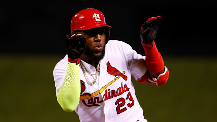 ST. LOUIS, MO - MAY 22: Marcell Ozuna #23 of the St. Louis Cardinals celebrates after recording his third hit of the game against the Kansas City Royals in the fifth inning at Busch Stadium on May 22, 2018 in St. Louis, Missouri. (Photo by Dilip Vishwanat/Getty Images)