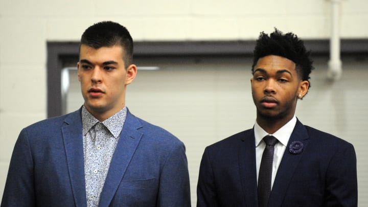 July 5, 2016; El Segundo, CA, USA; Los Angeles Lakers draft picks Ivica Zubac and Brandon Ingram before being introduced to media at Toyota Sports Center. Mandatory Credit: Gary A. Vasquez-USA TODAY Sports