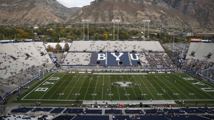 Oct 16, 2015; Provo, UT, USA; Fans and players file in to Lavell Edwards Stadium for the game between Brigham Young Cougars and Cincinnati Bearcats. Mandatory Credit: Jeff Swinger-USA TODAY Sports