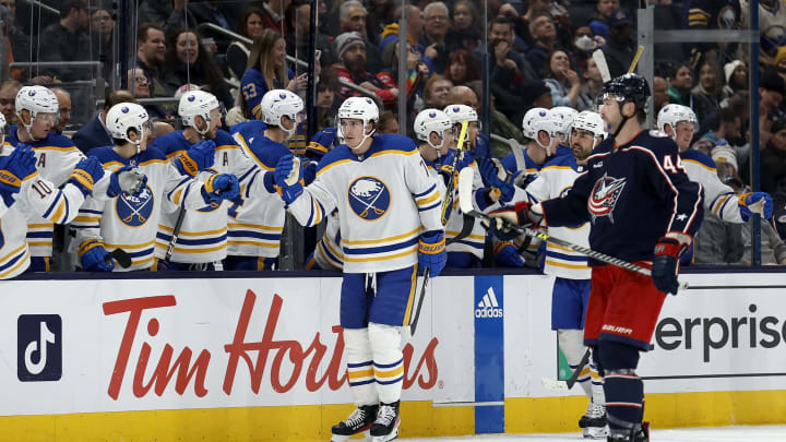 COLUMBUS, OH – DECEMBER 07: Tage Thompson #72 of the Buffalo Sabres is congratulated by his teammates after scoring his fifth goal of the game against the Columbus Blue Jackets during the second period at Nationwide Arena on December 7, 2022 in Columbus, Ohio. (Photo by Kirk Irwin/Getty Images)