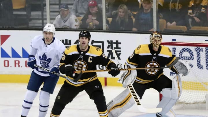 zBOSTON, MA - FEBRUARY 03: Boston Bruins left defenseman Zdeno Chara (33) keeps close tabs on \v21\ in front of Boston Bruins goalie Tuukka Rask (40) during a game between the Boston Bruins and The Toronto Maple Leafs on February 3, 2018, at TD Garden in Boston, Massachusetts. The Bruins defeated the Maple Leafs 4-1. (Photo by Fred Kfoury III/Icon Sportswire via Getty Images) zBOSTON, MA - FEBRUARY 03: Boston Bruins left defenseman Zdeno Chara (33) keeps close tabs on \v21\ in front of Boston Bruins goalie Tuukka Rask (40) during a game between the Boston Bruins and The Toronto Maple Leafs on February 3, 2018, at TD Garden in Boston, Massachusetts. The Bruins defeated the Maple Leafs 4-1. (Photo by Fred Kfoury III/Icon Sportswire via Getty Images)