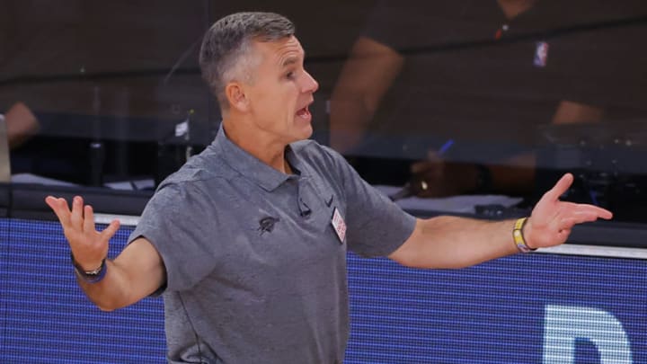 LAKE BUENA VISTA, FLORIDA - AUGUST 24: Billy Donovan of the Oklahoma City Thunder reacts against the Houston Rockets during the fourth quarter in Game Four of the Western Conference First Round during the 2020 NBA Playoffs at AdventHealth Arena at ESPN Wide World Of Sports Complex on August 24, 2020 in Lake Buena Vista, Florida. NOTE TO USER: User expressly acknowledges and agrees that, by downloading and or using this photograph, User is consenting to the terms and conditions of the Getty Images License Agreement. (Photo by Kevin C. Cox/Getty Images)