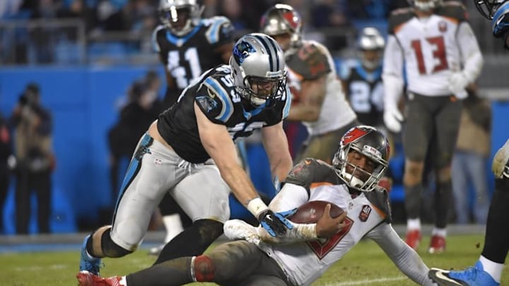 Jan 3, 2016; Charlotte, NC, USA; Tampa Bay Buccaneers quarterback Jameis Winston (3) is tackled by Carolina Panthers linebacker Ben Jacobs (53) in the fourth quarter. The Panthers defeated the Buccaneers 38-10 at Bank of America Stadium. Mandatory Credit: Bob Donnan-USA TODAY Sports