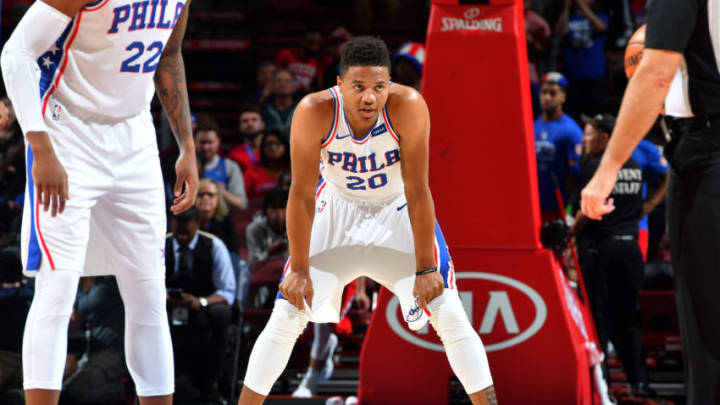 PHILADELPHIA, PA - OCTOBER 4: Markelle Fultz #20 of the Philadelphia 76ers looks on during the game against the Memphis Grizzlies during a preseason game on October 4, 2017 at Wells Fargo Center in Philadelphia, Pennsylvania. NOTE TO USER: User expressly acknowledges and agrees that, by downloading and or using this photograph, User is consenting to the terms and conditions of the Getty Images License Agreement. Mandatory Copyright Notice: Copyright 2017 NBAE (Photo by Jesse D. Garrabrant/NBAE via Getty Images)