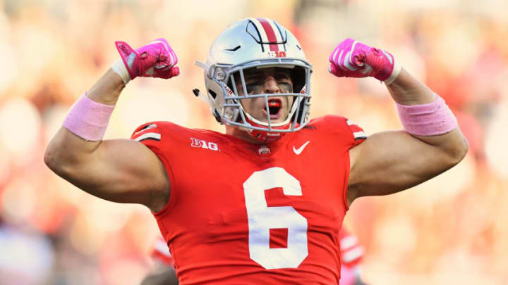 COLUMBUS, OH - OCTOBER 7: Sam Hubbard #6 of the Ohio State Buckeyes celebrates after making a tackle for a loss in the second quarter against the Maryland Terrapins at Ohio Stadium on October 7, 2017 in Columbus, Ohio. (Photo by Jamie Sabau/Getty Images)