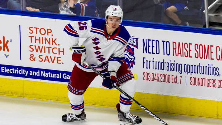 BRIDGEPORT, CT – SEPTEMBER 22: New York Rangers Winger Jimmy Vesey #26 in action during the third period of a preseason NHL game between the New York Rangers and the New York Islanders on September 22, 2018, at Webster Bank Arena in Bridgeport, CT. (Photo by David Hahn/Icon Sportswire via Getty Images)