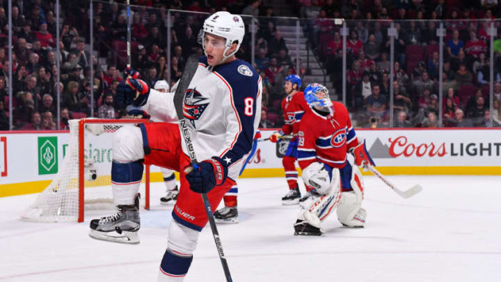 MONTREAL, QC - NOVEMBER 14: Columbus Blue Jackets defenceman Zach Werenski (8) scores the winning goal over Montreal Canadiens goalie Charlie Lindgren (39) in overtime during the Columbus Blue Jackets versus the Montreal Canadiens game on November 14, 2017, at Bell Centre in Montreal, QC (Photo by David Kirouac/Icon Sportswire via Getty Images)