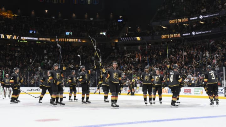 LAS VEGAS, NEVADA - SEPTEMBER 15: The Vegas Golden Knights celebrate after defeating the Arizona Coyotes in a preseason game at T-Mobile Arena on September 15, 2019 in Las Vegas, Nevada. (Photo by David Becker/NHLI via Getty Images)