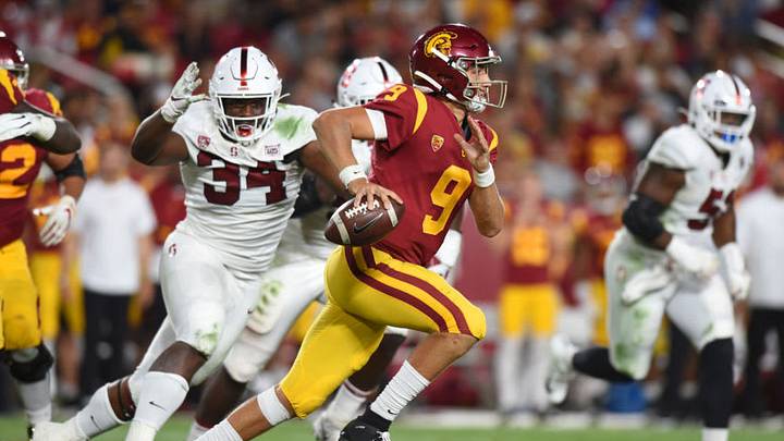 LOS ANGELES, CA - SEPTEMBER 07: USC (9) Kedon Slovis (QB) runs the ball during a college football game between the Stanford Cardinal and the USC Trojans on September 07, 2019, at the Los Angeles Memorial Coliseum in Los Angeles, CA. (Photo by Chris Williams/Icon Sportswire via Getty Images)