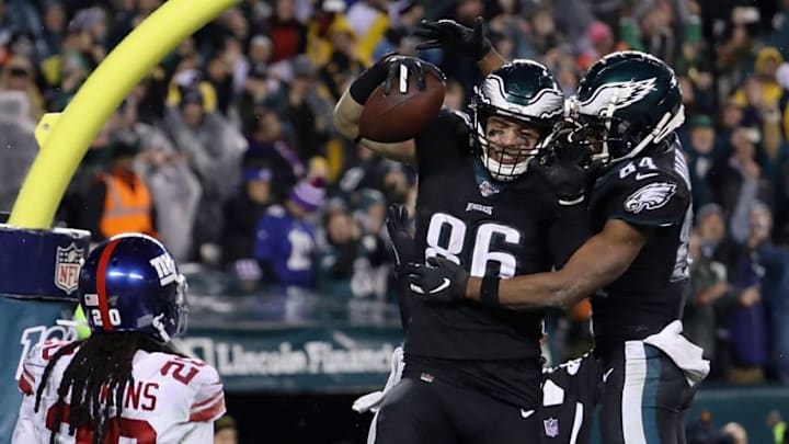 PHILADELPHIA, PENNSYLVANIA - DECEMBER 09: Tight end Zach Ertz #86 of the Philadelphia Eagles and teammate wide receiver Greg Ward #84 celebrates his touchdown in overtime to win 23-17 over the New York Giants at Lincoln Financial Field on December 09, 2019 in Philadelphia, Pennsylvania. (Photo by Al Bello/Getty Images)