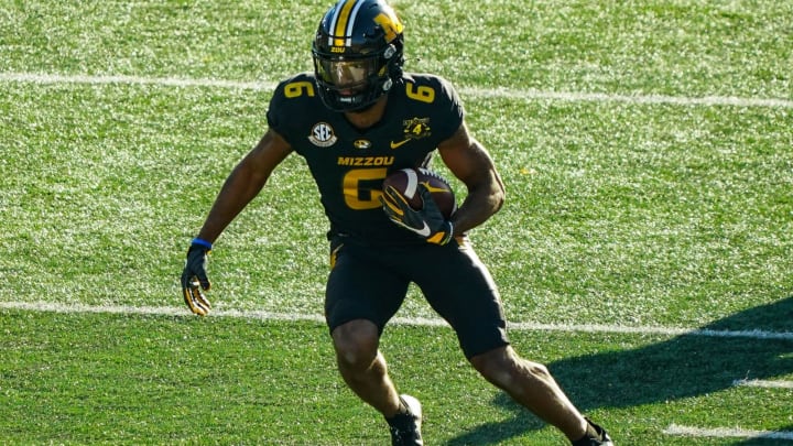 Dec 5, 2020; Columbia, Missouri, USA; Missouri Tigers wide receiver Keke Chism (6) runs against the Arkansas Razorbacks during the second half at Faurot Field at Memorial Stadium. Mandatory Credit: Jay Biggerstaff-USA TODAY Sports