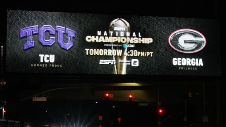 Jan 8, 2023; Inglewood California, USA; A digital billboard promoting the 2023 College Football National Championship between the TCU Horned Frogs and Georgia Bulldogs at SoFi Stadium. Mandatory Credit: Kirby Lee-USA TODAY Sports